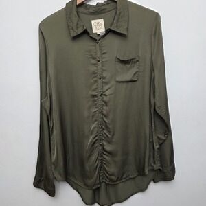 Chaser Button Up Blouse Olive Green Womens Size XL Satin Feel High Low‎